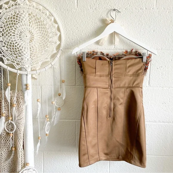 NWOT Strapless Golden Brown Feather Bust Mini Dress - Picture 2 of 12